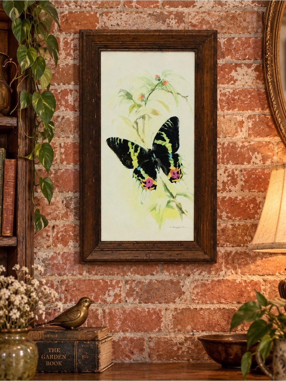 Vintage 70s German Framed Signed Sunset Moth Watercolor Print by B Ballistar
